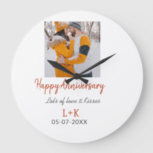 Modern boho happy anniversary add name date orange large clock