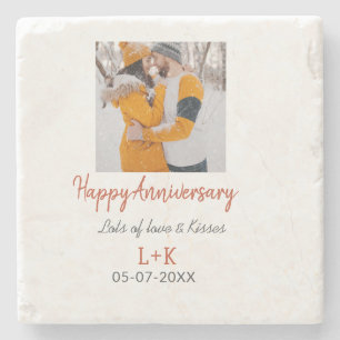 Modern boho happy anniversary add name date orange stone coaster