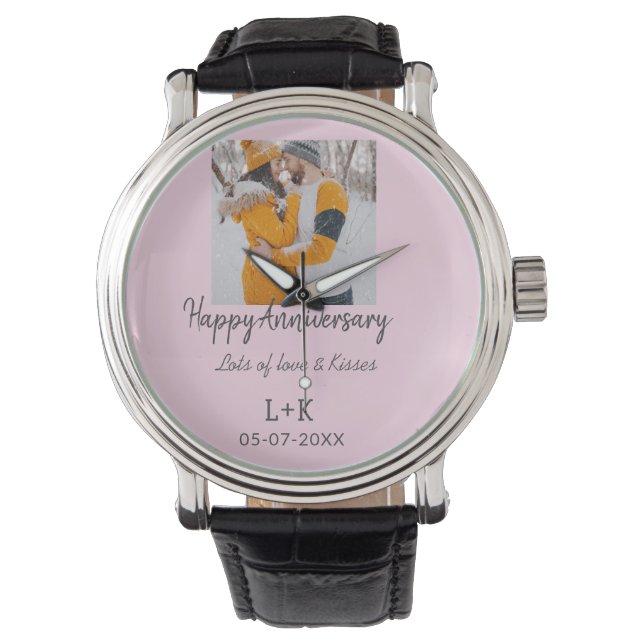 Modern boho happy anniversary add name date orange watch (Front)