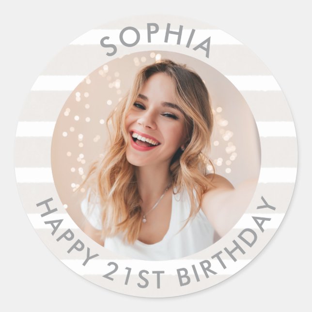 Modern Boho Happy Birthday Photo Classic Round Sticker (Front)