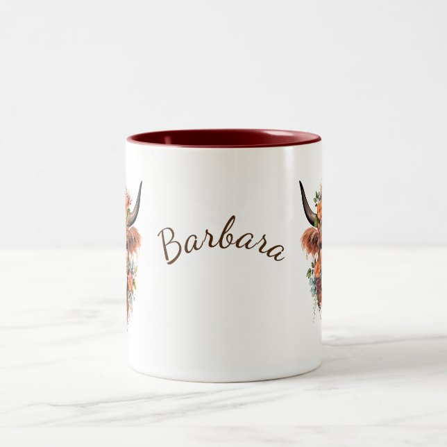 Modern Boho Highland Cow with Flowers Two-Tone Coffee Mug (Center)