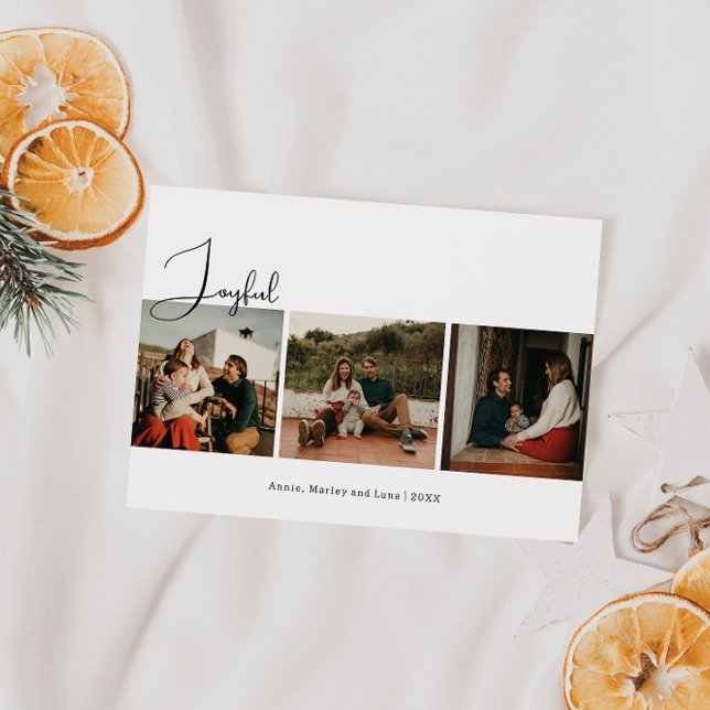 Modern Boho Joyful Three Photo Christmas Holiday Card (Creator Uploaded)
