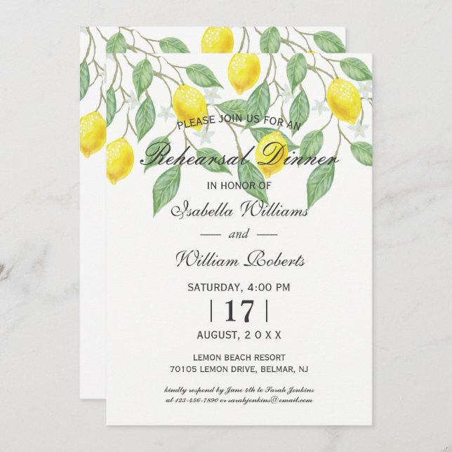 Modern Boho Lemon Summer Rehearsal Dinner Invitation (Front/Back)