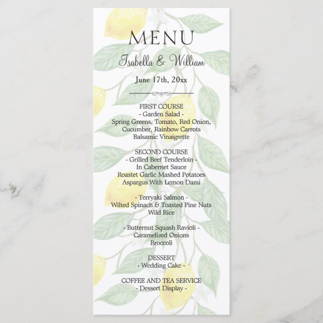 Modern Boho Lemon Summer Wedding Menu Card (Front)