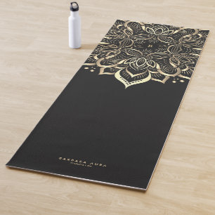 Modern Boho Lotus Black Gold Mandala Monogram Yoga Mat