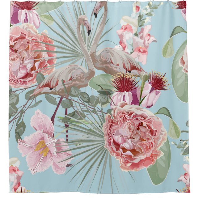Modern boho luxurious garden Flamingo flowers blue Shower Curtain (Front)