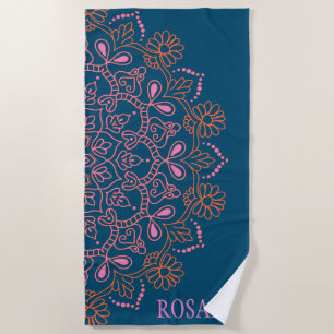 Modern Boho Mandala Medallion in Teal Personalised Beach Towel