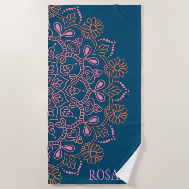 Modern Boho Mandala Medallion in Teal Personalised Beach Towel (Front)