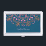 Modern Boho Mandala Medallion Teal Script Name  Business Card Holder<br><div class="desc">A modern spin on a classic mandala motif in pink and orange on a dark teal background,  personalised with your name.</div>