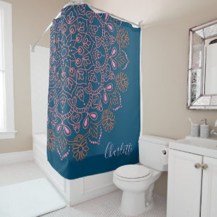 Modern Boho Mandala Medallion Teal Script Name   Shower Curtain