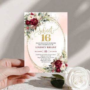 Modern Boho Marsala Gold Floral Sweet Sixteen Invitation