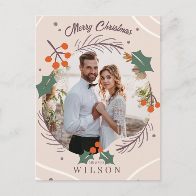 Modern Boho Merry Christmas Mr & Mrs 1 Photo Holiday Postcard (Front)