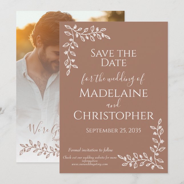Modern Boho Mocha Mousse Botanical Photo Wedding Save The Date (Front/Back)
