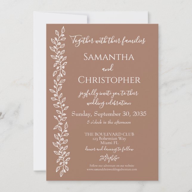 Modern Boho Mocha Mousse Floral Monogram Wedding Invitation (Front)
