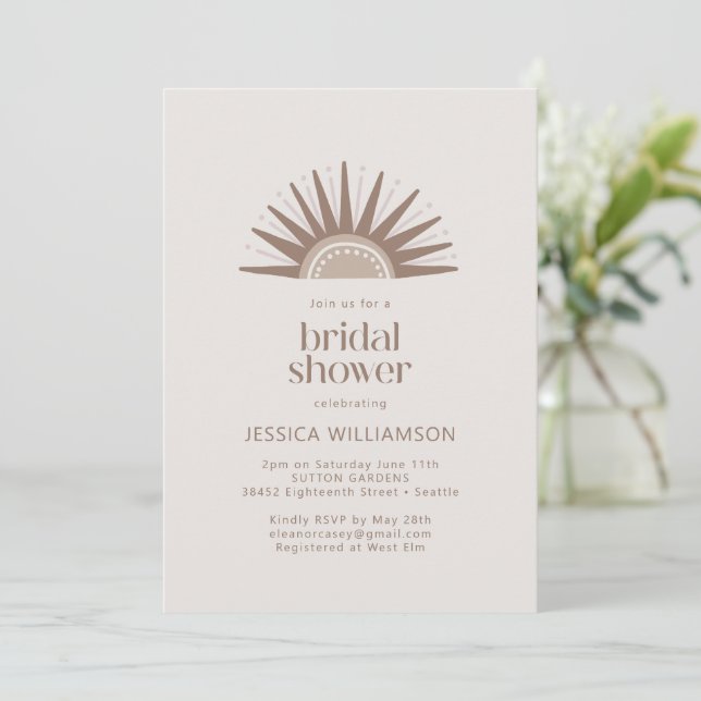 Modern Boho Nature Sun Motif Taupe Bridal Shower Invitation (Standing Front)