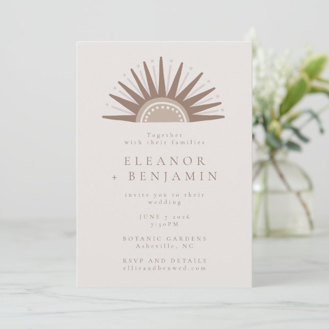 Modern Boho Nature Sun Shape Taupe Unique Wedding Invitation (Standing Front)