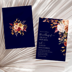 Modern Boho Navy Blue Burnt Orange Floral Wedding Invitation