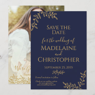 Modern Boho Navy Blue Gold Botanical Photo Wedding Save The Date