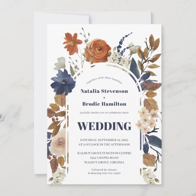 Modern Boho Navy Blue Rust Wedding Invitation (Front)