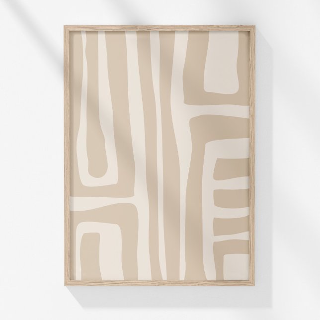 Modern Boho Neutral Line Abstract Wall Art Print (Boho Modern Muted Beige Neutral Abstract Art Poster in a neutral wooden frame on the wall.)