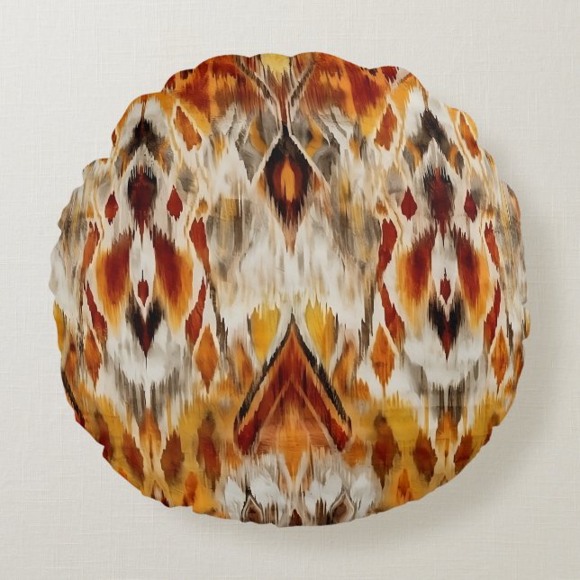 Modern Boho Neutrals Brown Orange Ikat Tribal Round Cushion (Front)