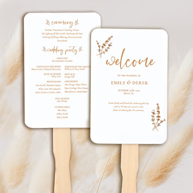 Modern Boho Orange Floral Wedding Program Hand Fan (Creator Uploaded)