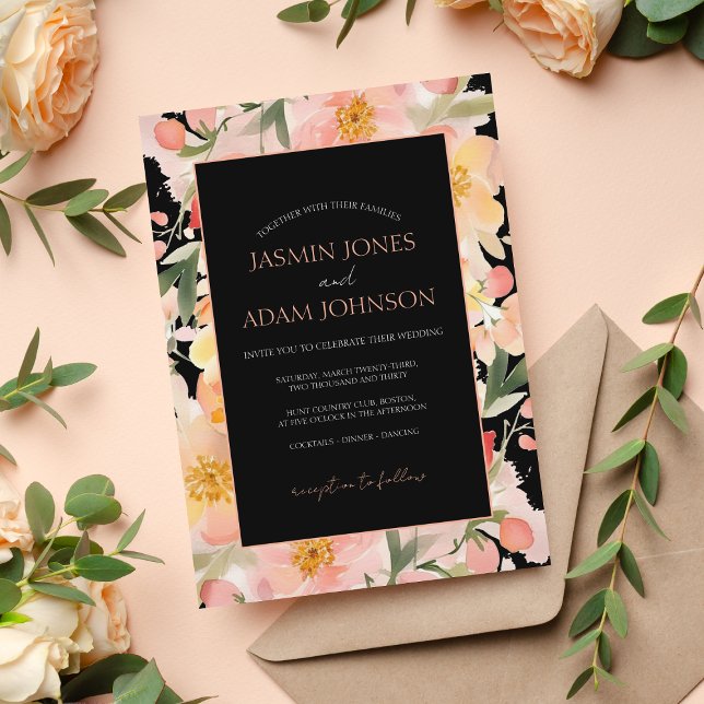 Modern Boho Orange Peach and Black Floral Wedding Invitation (Creator Uploaded)
