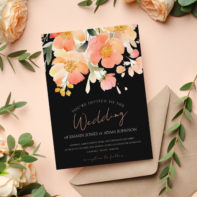 Modern Boho Orange Peach and Black Floral Wedding Invitation (Creator Uploaded)