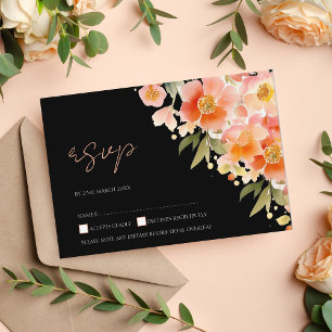 Modern Boho Orange Peach and Black Floral Wedding RSVP Card