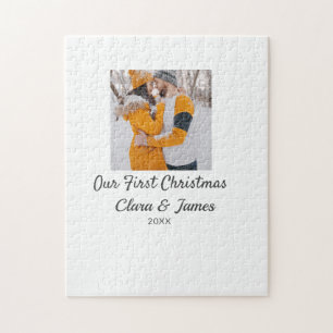 Modern boho our first Christmas photo couple name Jigsaw Puzzle