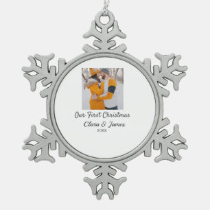 Modern boho our first Christmas photo couple name Snowflake Pewter Christmas Ornament