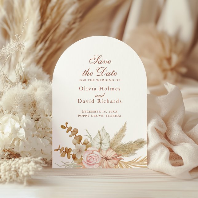 Modern Boho Pampas Grass Arch Shape  Save The Date (Modern Boho Pampas Grass Arch Shape Save The Date on a boho neutral and white wedding table)