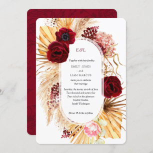 Modern Boho Pampas Grass Burgundy Floral Wedding Invitation