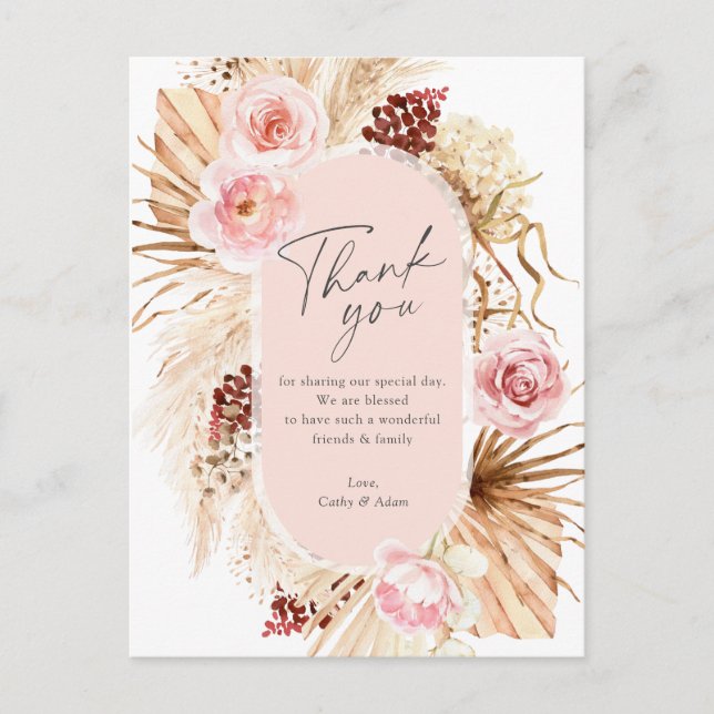 Modern Boho Pampas Grass Floral Arch Thank You Postcard (Front)