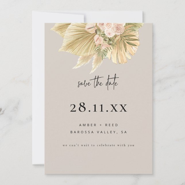 Modern Boho Pampas Grass Floral Blush Natural Save The Date (Front)