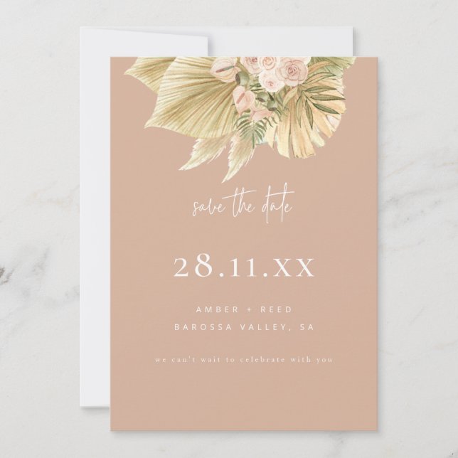 Modern Boho Pampas Grass Floral Blush Pink Save The Date (Front)