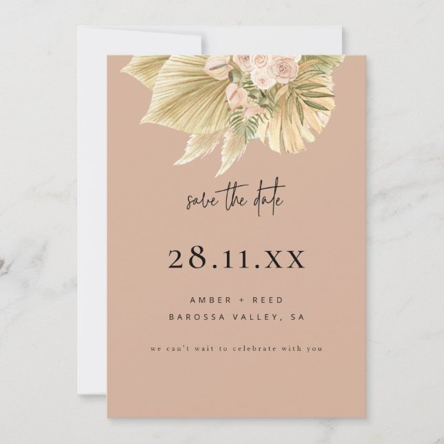 Modern Boho Pampas Grass Floral Blush Pink Save The Date (Front)