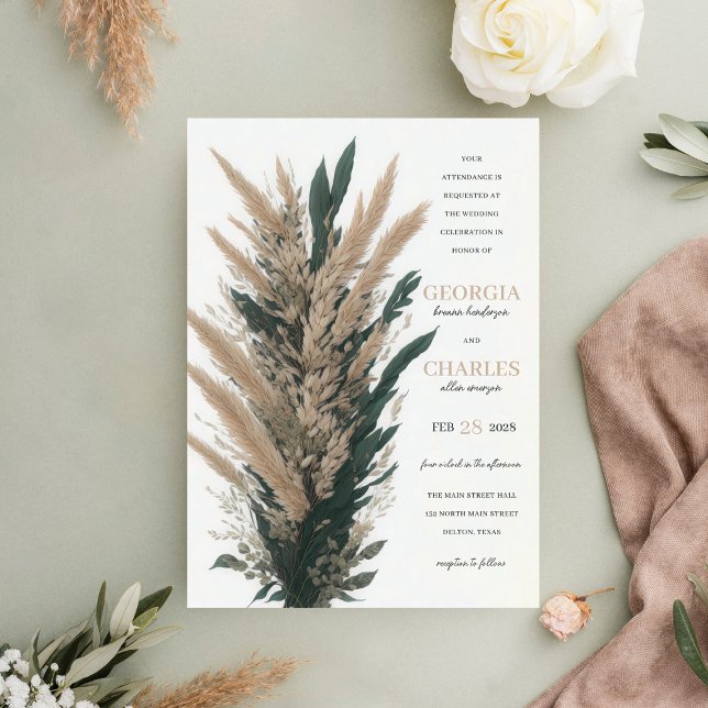 Modern Boho Pampas Grass Leaf Bouquet Wedding Invitation (Creator Uploaded)