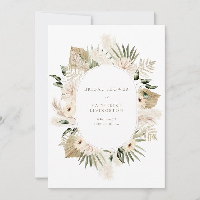 Modern Boho Pampas White & Gold Text Bridal Shower Invitation (Front)