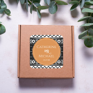 Modern Boho Pattern Black & Burnt Orange Wedding Square Sticker