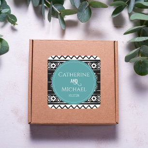 Modern Boho Pattern Black White & Green Wedding Square Sticker