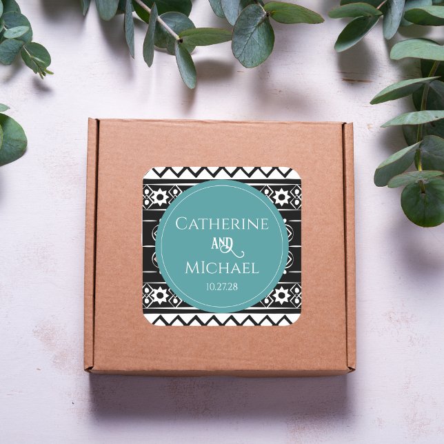 Modern Boho Pattern Black White & Green Wedding Square Sticker (Creator Uploaded)