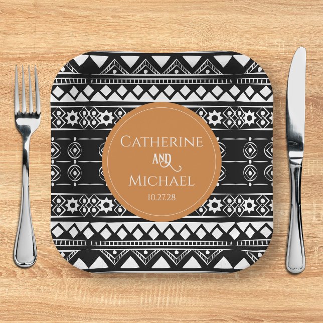 Modern Boho Pattern Burnt Orange Wedding Paper Plate (Creator Uploaded)