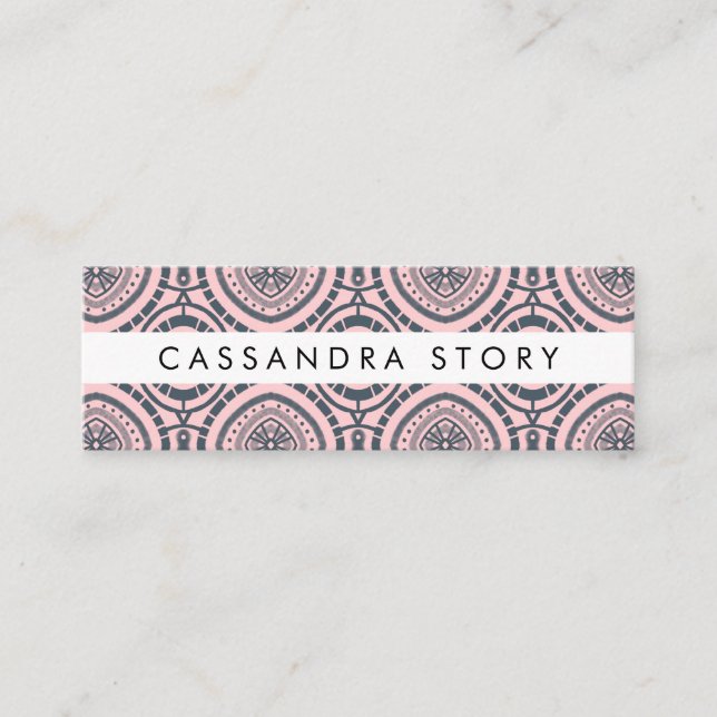 Modern Boho Pattern Denim Blue Pink Mini Business Card (Front)