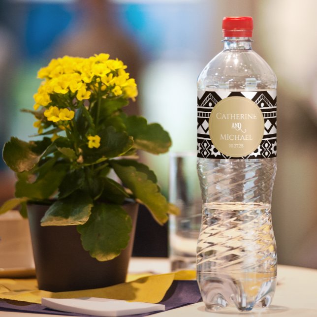 Modern Boho Pattern Gold Wedding Water Bottle Label (Creator Uploaded)