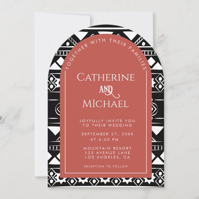 Modern Boho Pattern Photo Arch Coral Wedding Invitation (Front)