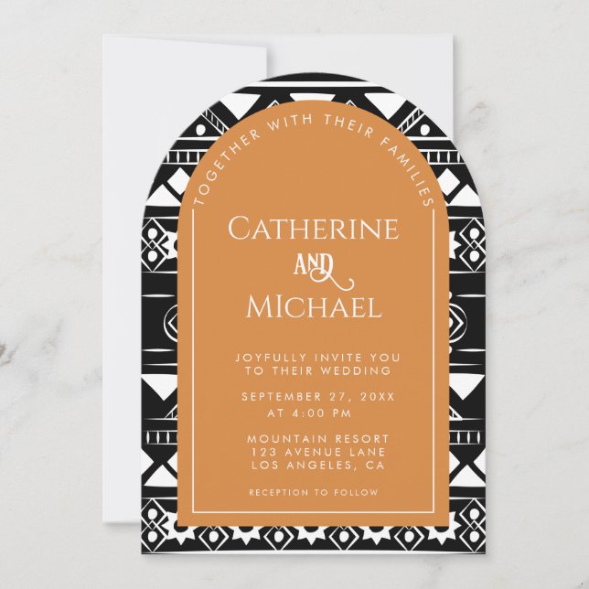 Modern Boho Pattern Photo Arch Orange Wedding Invitation (Front)
