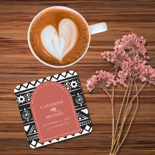Modern Boho Pattern Wedding Arch Coral Square Paper Coaster