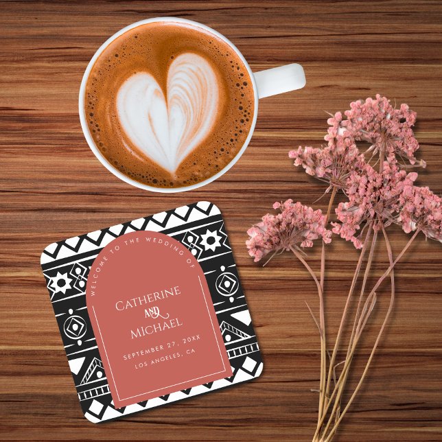 Modern Boho Pattern Wedding Arch Coral Square Paper Coaster (Creator Uploaded)