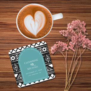 Modern Boho Pattern Wedding Arch Green Square Paper Coaster